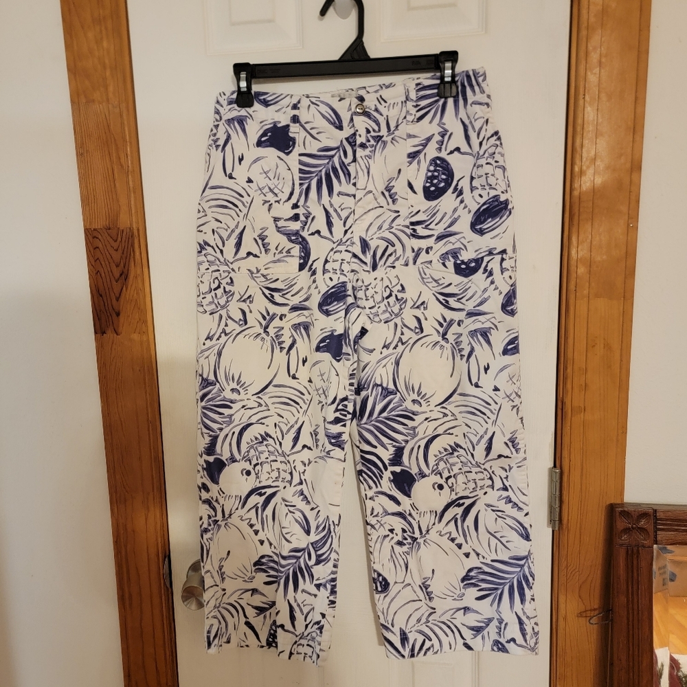Chico's Blue White Floral Print Wide Leg Cropped Pants Summer Size 1 (8)